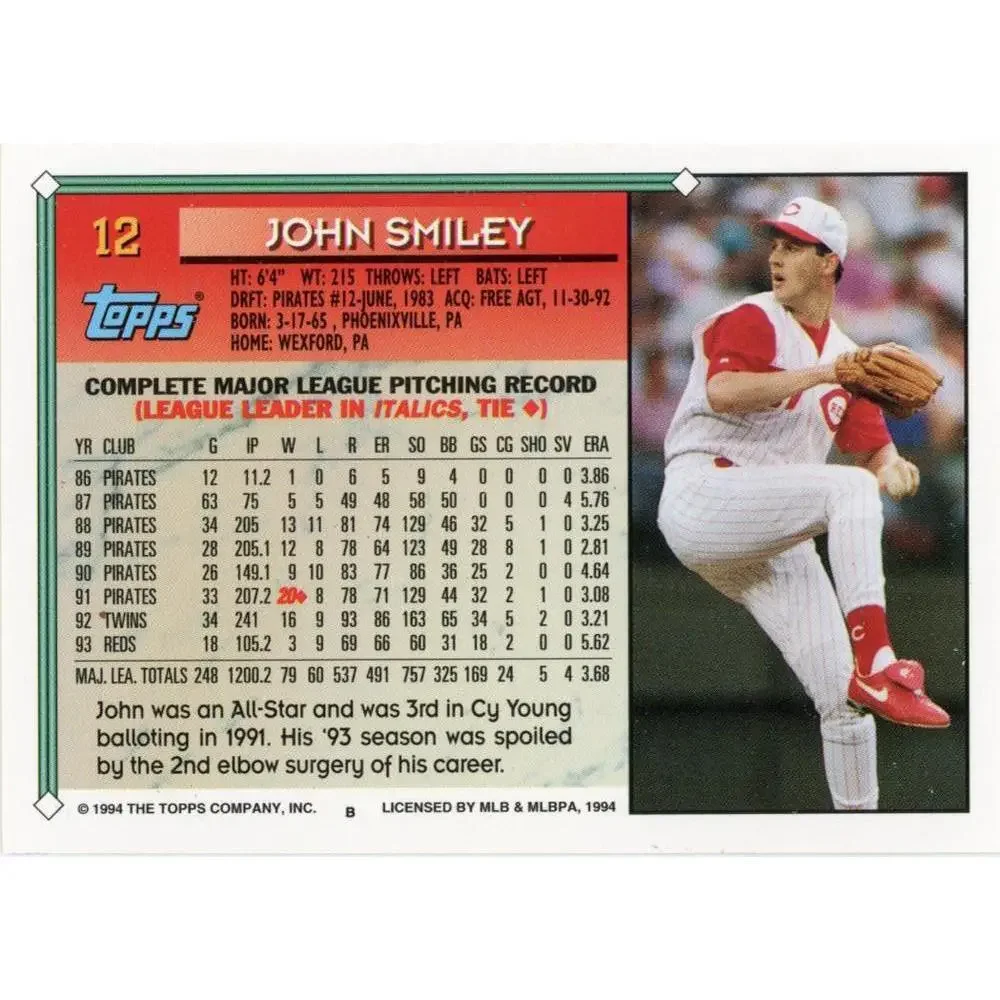 1994 Topps John Smiley # 12 Cincinnati Reds